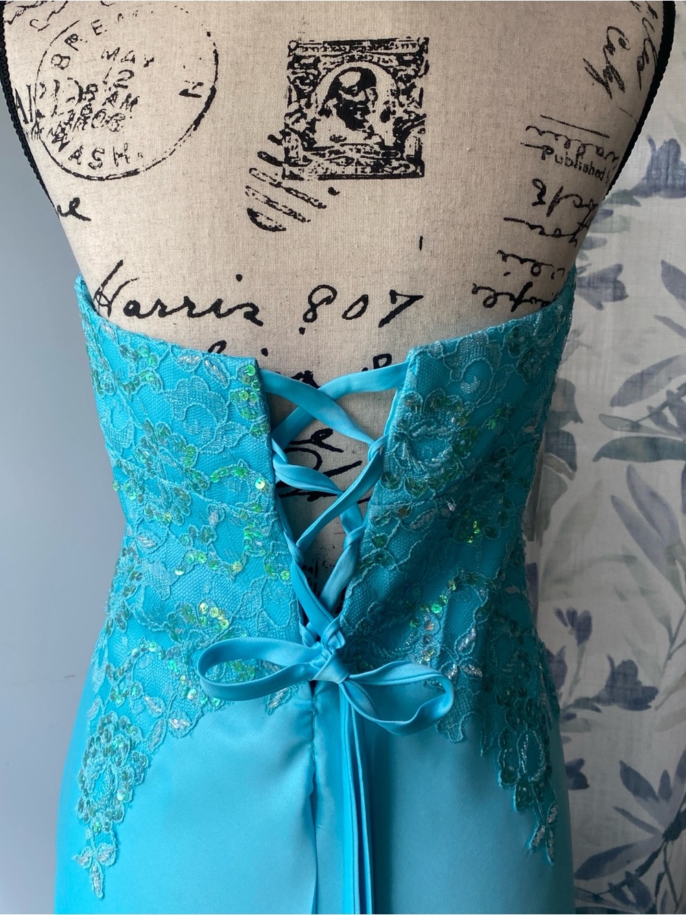 Vintage Y2k 90s Aqua Beaded Fairy Halter Prom Dress - sz 10 - Picture 4 of 15